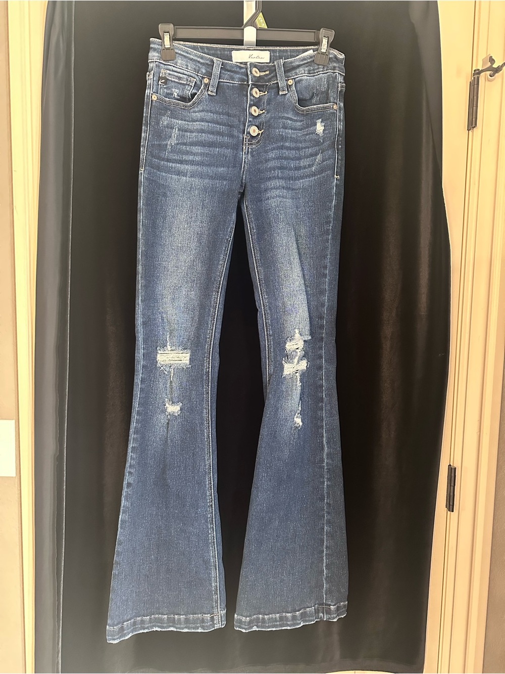KanCan Button Down Flair Jeans High-Rise Dark Blue Distressed Flare Jeans Size 3